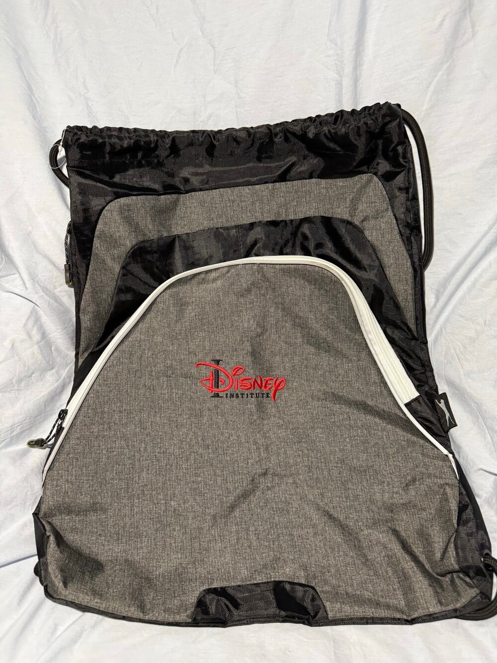 Disney Institute Leeds Drawstring Backpack Gray Black Travel Cinch Bag
